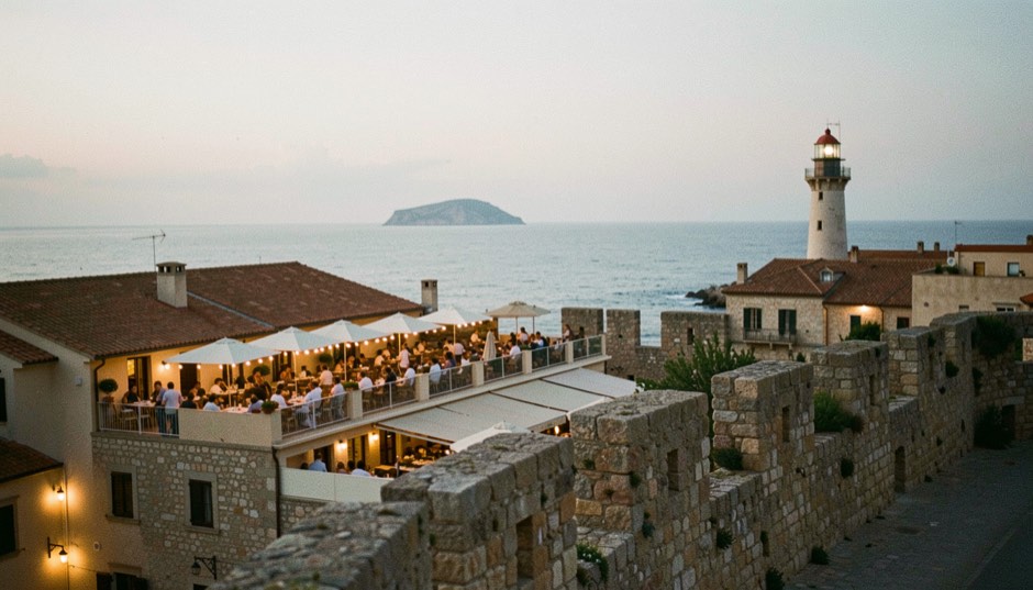 Vinyeta de la peça: Vista des d'un baluard al vespre estiuenc: terrasses plenes, teules daurades i el far marcat per llums de poc intensitat.
