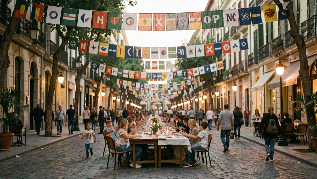 Vinyeta de la peça: Carrer engalanat amb banderoles llargues, taules compartides al mig, nens corrent i llums de sèrie encenent-se al capvespre.