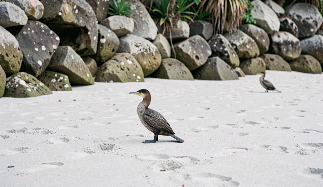 Vora mar plana amb sorra grisa clara, covetes de pinya als penya-segats tous al fons i dos cormorants secs sobre roca.