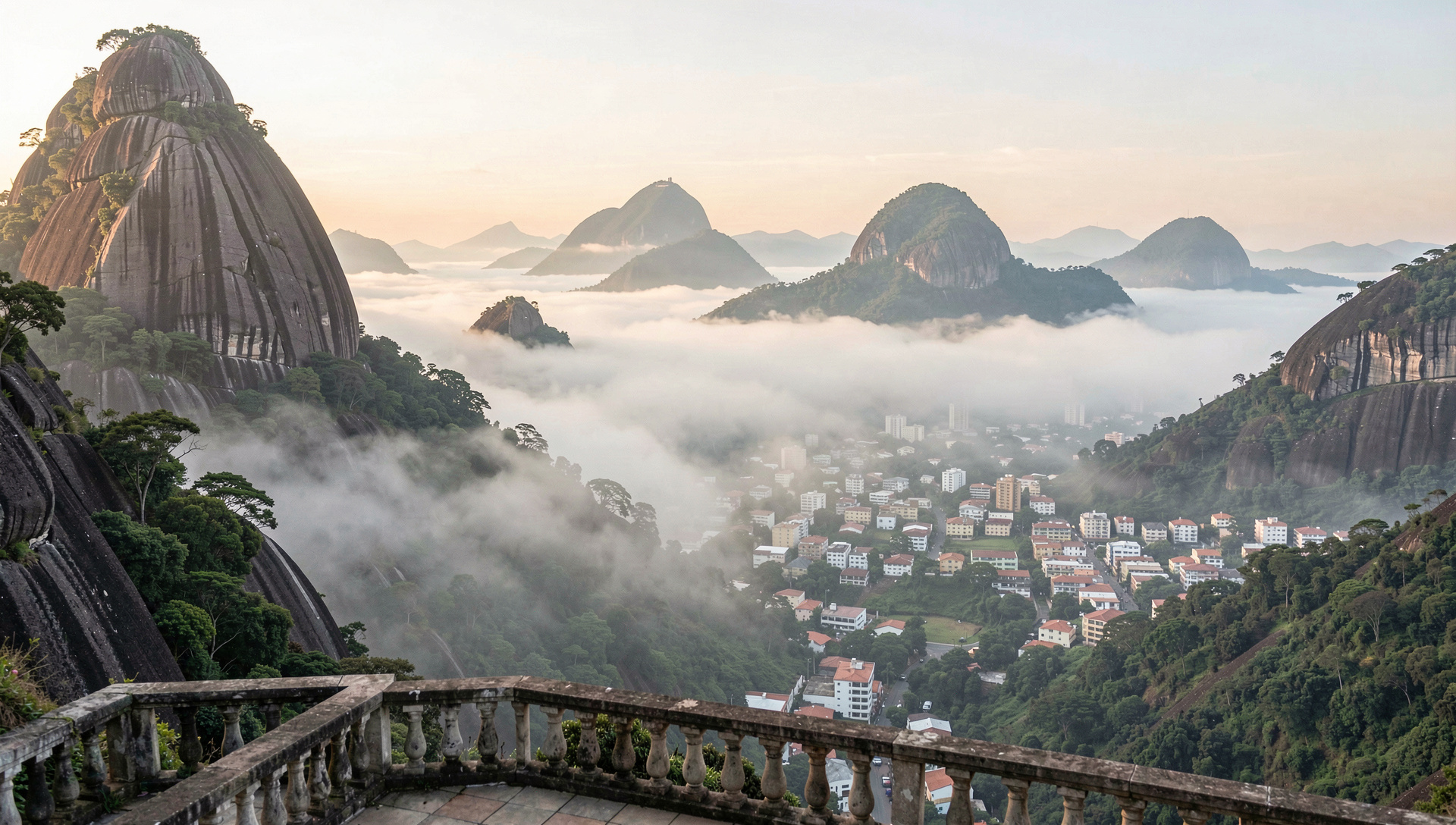 Vista mattutina dalla terrazza di Teresópolis con la nebbia che riempie la valle sotto le agulhas de granito della Serra dos Órgãos, luce morbida dell'alba, inquadratura ampia con le cime rocciose a sinistra e la città che emerge dalla foschia in basso.'Àfrica del Sud i una altra del Japó, una tassa de cafè i un calendari de paret amb el mes de juny marcat, llum de matí entrant per una finestra lateral.