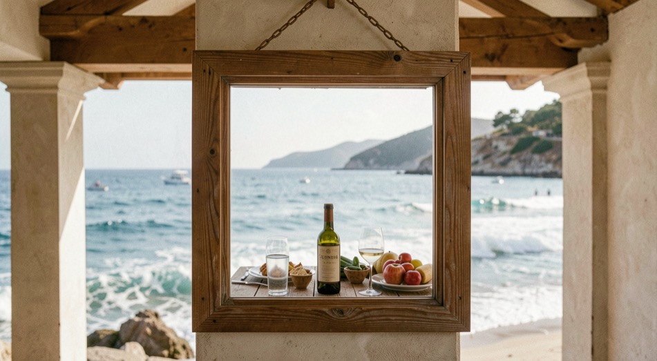 Detall urbà costaner mediterrani pensat per a la secció Cuina i vi, amb ombra amable i pedra clara.