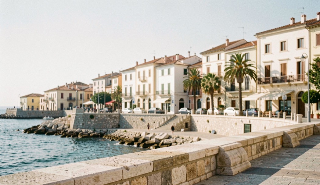 Detall urbà costaner mediterrani pensat per a la secció Turisme i viatges, amb ombra amable i pedra clara.